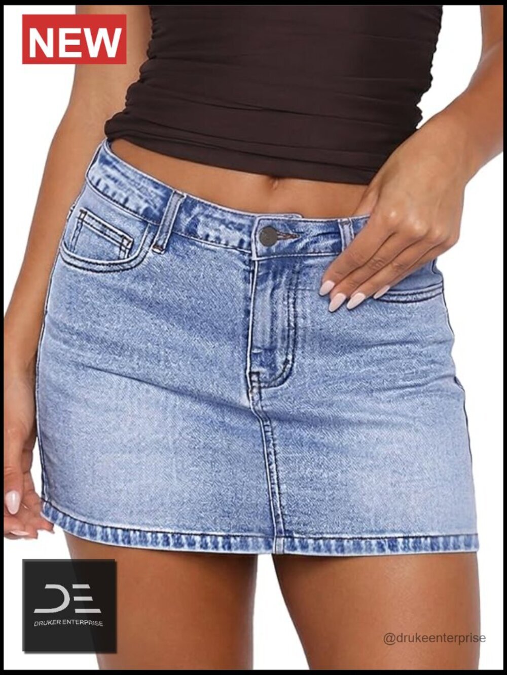 High Stretch Low Rise Bodycon Denim Mini Skirt with Pockets